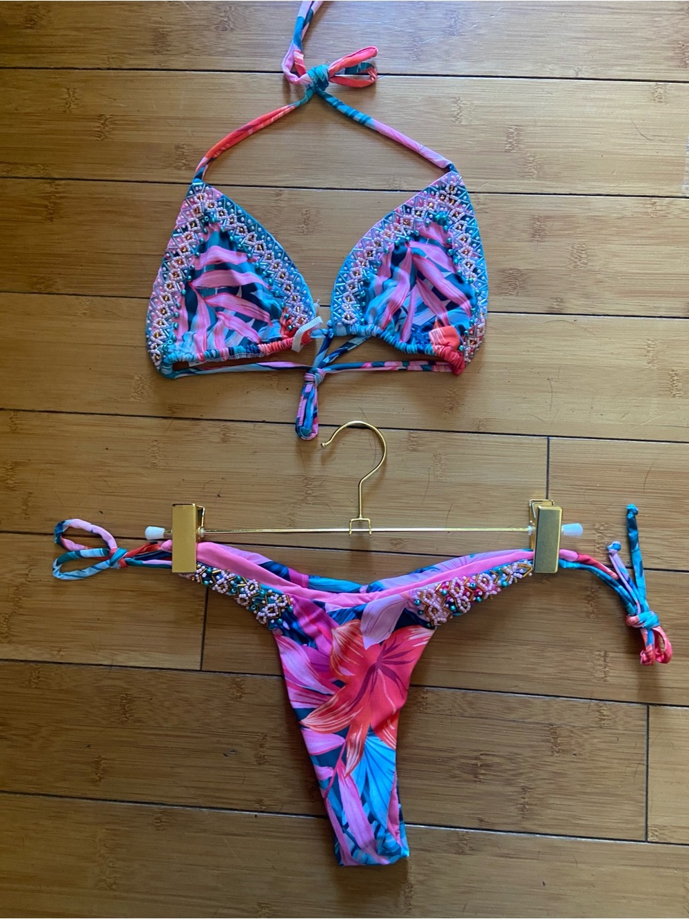 Colombian Beaded Swim Tropical Pink & Teal Embellished String Bikini